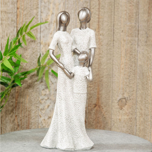 Grey Stone Effect Figurine Polished Silver Head Family 33cm