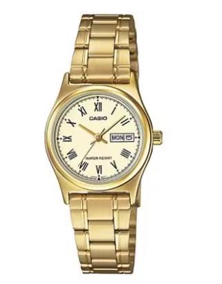 Casio Ladies Basic Water resistant Day/Date Golden Analogue Dial Golden Stainless Steel Band Dress Watch