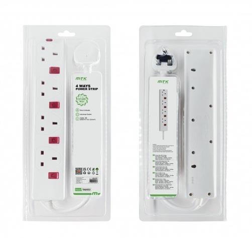 2 Meter 4 Gang UK Extension cord and socket with individual switches & neons, 13 Amp, 2814N(5N), White