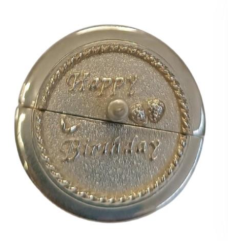 Miniature Clock Happy Birthday Cake Silvertone Plated Solid Brass IMP1007S - CLEARANCE NEEDS RE-BATTERY