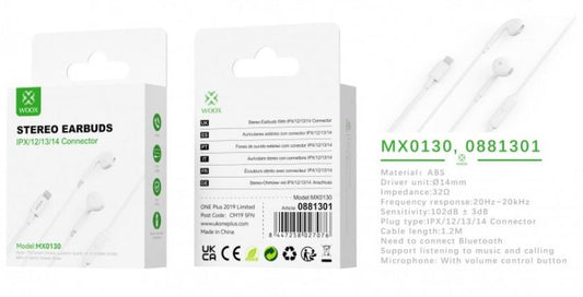 Woox MX0130 Bluetooth Lightning Earphone with Mic, 1.2m, White