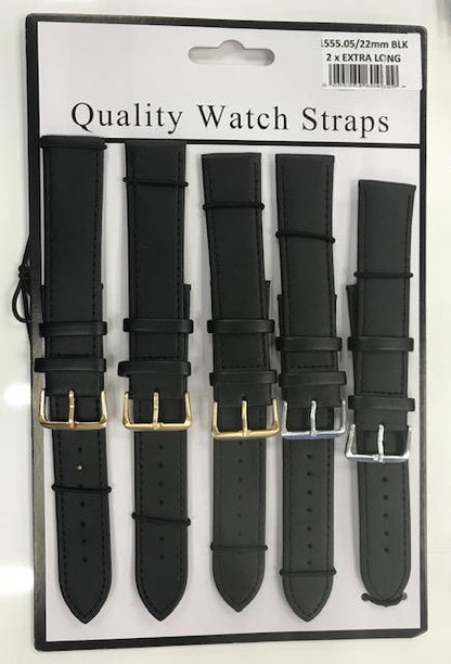 1555.05 2X EXTRA LONG BLACK LEATHER WATCH STRAPS PK5 AVAILABLE SIZES FROM 18MM - 22MM