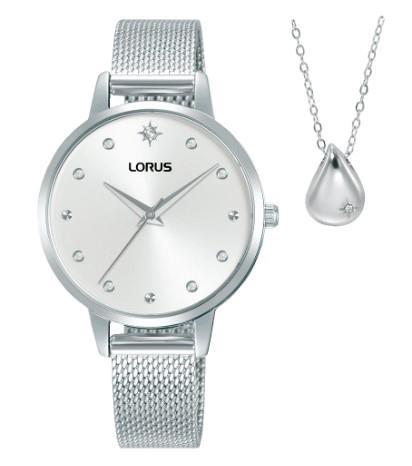 Lorus Ladies Teardrop necklace Bling Silvertone Sunray dial Silvertone Twin Stainless Steel Bracelet Watch Gift Set