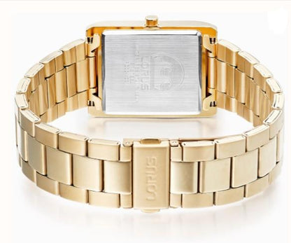 Lorus Mens Basic Fashion Rectangular Date Black Dial Gold tone Stainless Steel Bracelet Watch RH938RX9