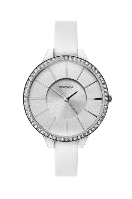 Sekonda Ladies Bling Silver Glitter Dial and White Leather Strap Watch 40002