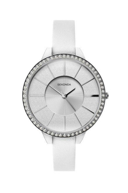 Sekonda Ladies Bling Silver Glitter Dial and White Leather Strap Watch 40002