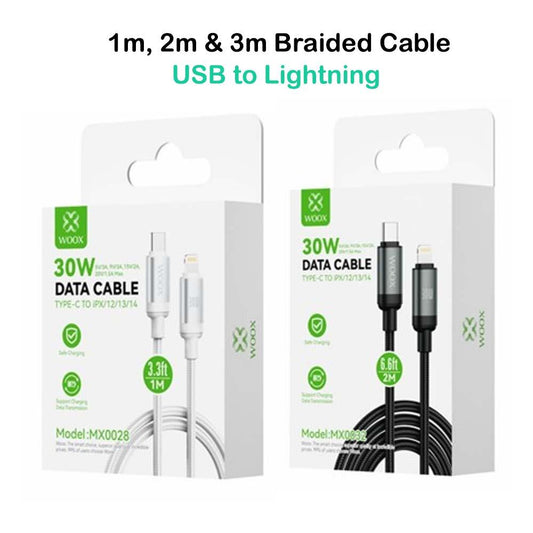 Woox USB to Lightning Braided Data Cable, 15W 3A Max, 1m/2m/3m, White/Black