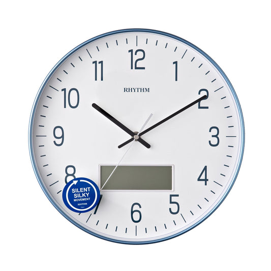 Rhythm Wall Clock Metallic Blue LCD Date-Day Calendar Silent