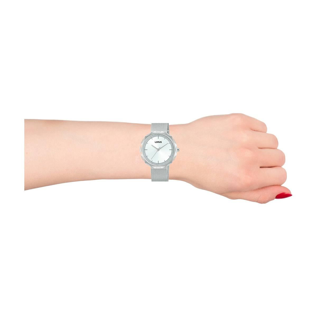 Lorus Ladies Bling Fashion White Dial Stainless Steel Mesh Bracelet Watch