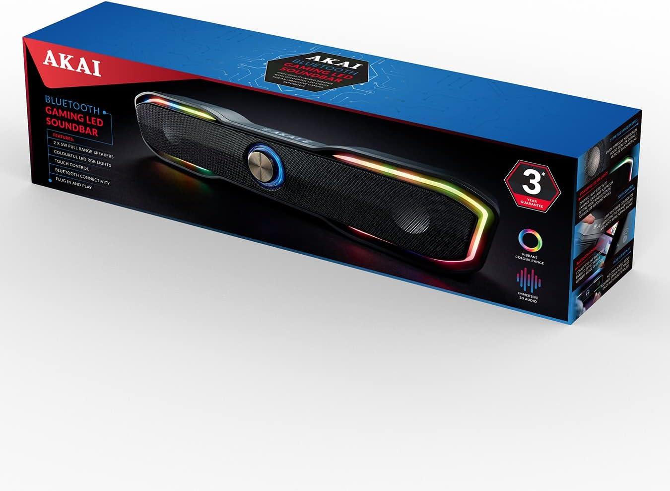AKAI Bluetooth Gaming LED Soundbar, Colourful LED Light Effects, Bluetooth Connectivity For All Media Players- Games Consoles/Smart TVs, Black