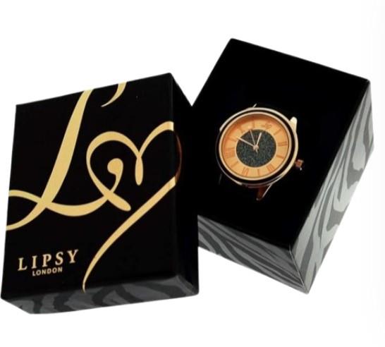 Lipsy London Ladies Glittery and Rose gold tone dial Black Leather Strap Watch LP270 - CLEARANCE NEEDS RE-BATTERY