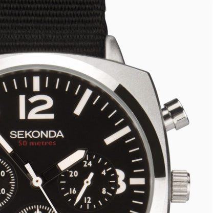 Sekonda Mens Airborne Chronograph Silver Case & Black Canvas Strap with Black Dial Watch 1989