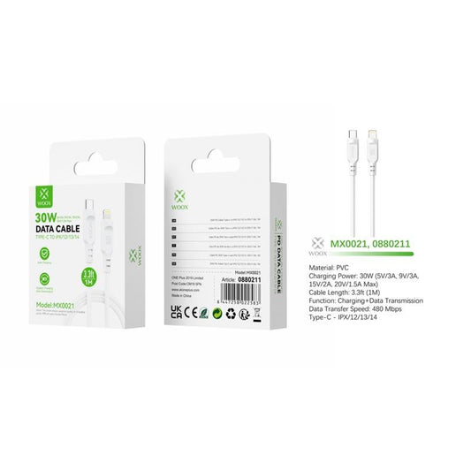Woox MX0021 Type C to Lightning PVC Data Cable, 30W, 3.3ft 1m, White