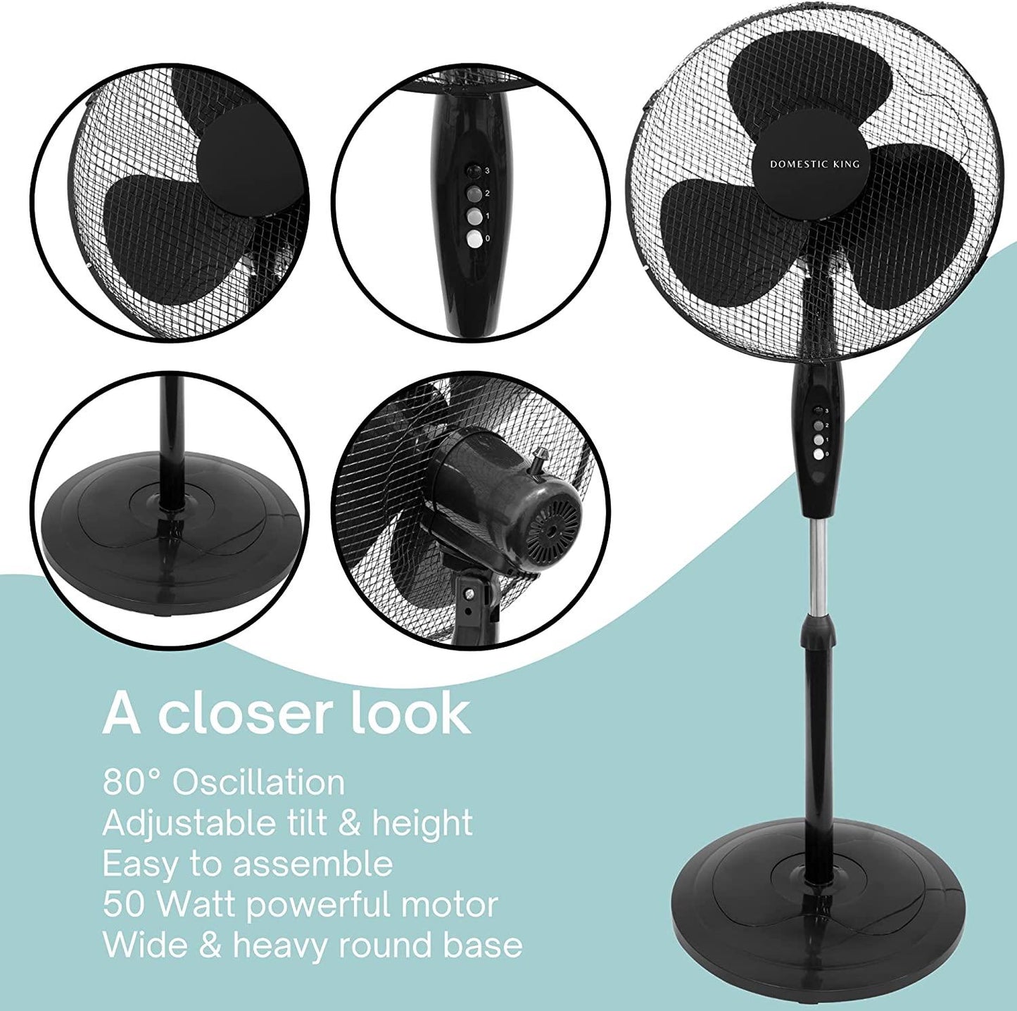 Domestic King 16 Inch Pedestal Fan Black- DK18070