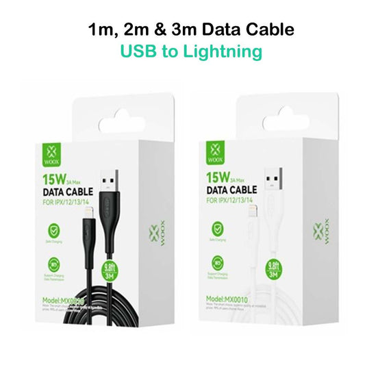 Woox USB to Lightning PVC Data Cable, 15W 3A Max, 1m/2m/3m, Black/White