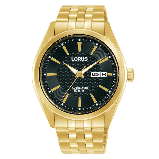 Lorus Mens sport Fashion Automatic Embossed Day Date 10ATM 42mm Black Dial Gold Plated Bracelet Watch