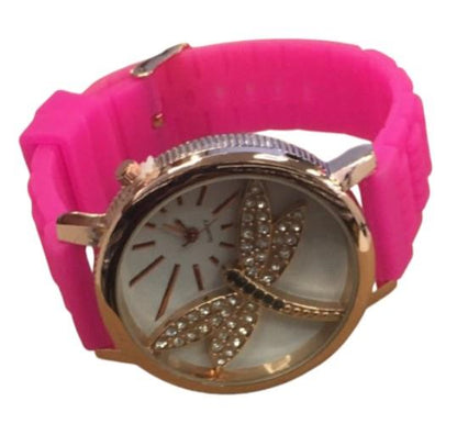 Ladies Fashion Butterfly Bling Dial with Rubber Strap Watch - CLEARANCE NEEDS RE-BATTERY Available Multiple Color