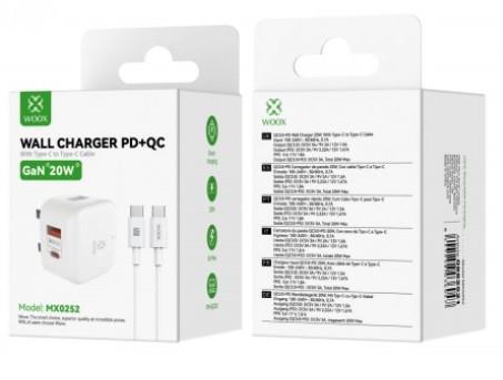 WOOX MX0252 20W PD+QC Home Charger with Type-C to Type-C Fast Cable, 5V 3A, White