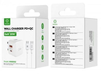 WOOX MX0252 20W PD+QC Home Charger with Type-C to Type-C Fast Cable, 5V 3A, White