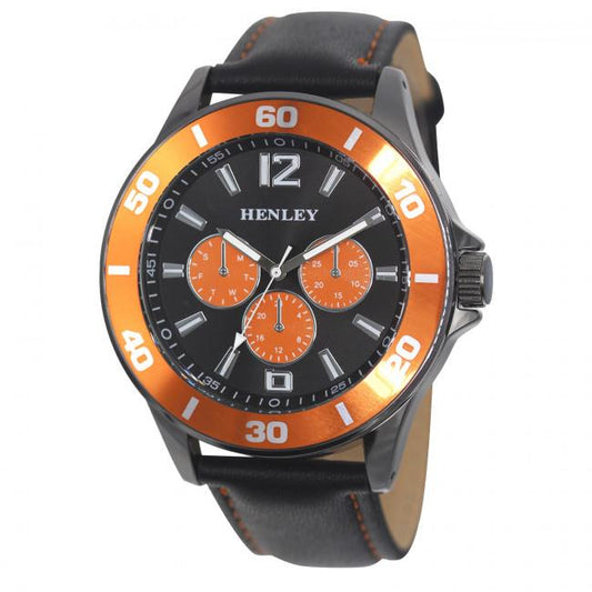 Henley Mens Polished Gun Sports Coloured Stitch Multi Eye Watch Gun/Orange H03014.8
