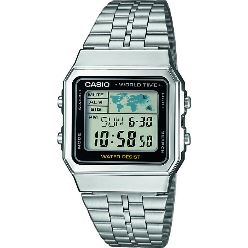 Casio Mens Vintage Classic Digital Silver-Tone World Time Bracelet Watch A500WA-1ACF
