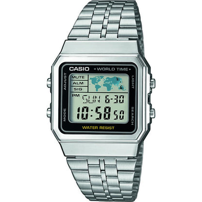 Casio Mens Vintage Classic Digital Silver-Tone World Time Bracelet Watch A500WA-1ACF
