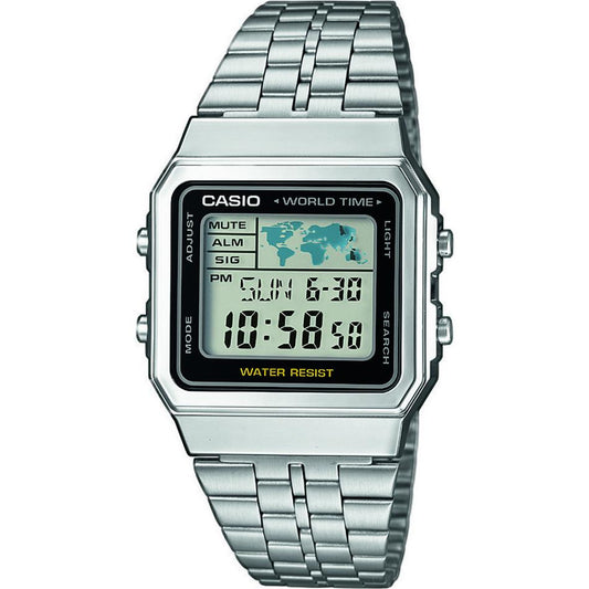 Casio Mens Vintage Classic Digital Silver-Tone World Time Bracelet Watch A500WA-1ACF
