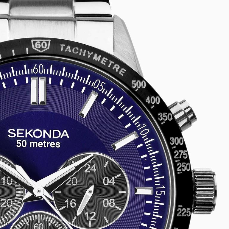 Sekonda Mens Velocity Dated Blue Chronograph Dial Stainless Steel Bracelet Watch 1970