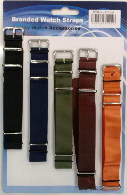 Nato style fabric watch strap 5pk assorted plain colours V18 Available Sizes 18mm - 24mm