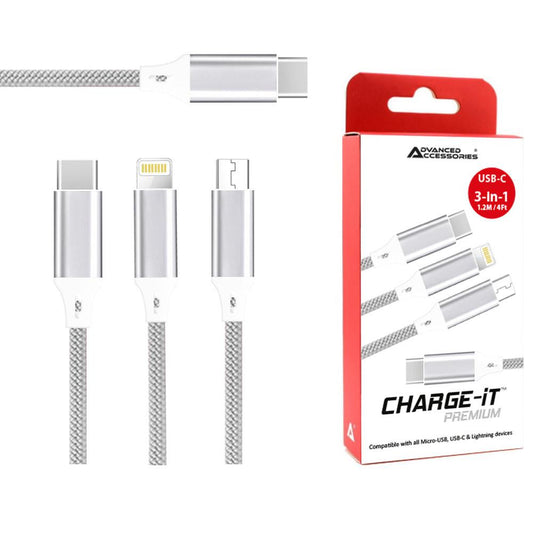 AA CHARGE-iT Premium 3in1 Cable (1.2M) USB-C To 8 Pin/USB-C/Micro USB - Silver