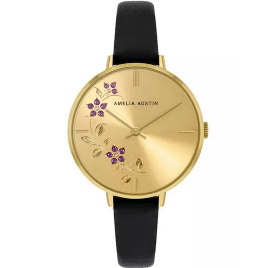 Amelia Austin Ladies Floral Stone Dial Black Strap Watch AA2000