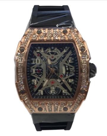 New Rubber Gents Rose Bling Fashion Quartz Movement Dated Skeleton Clear Dial Rubber Strap Watch Available Multi Colour NY London