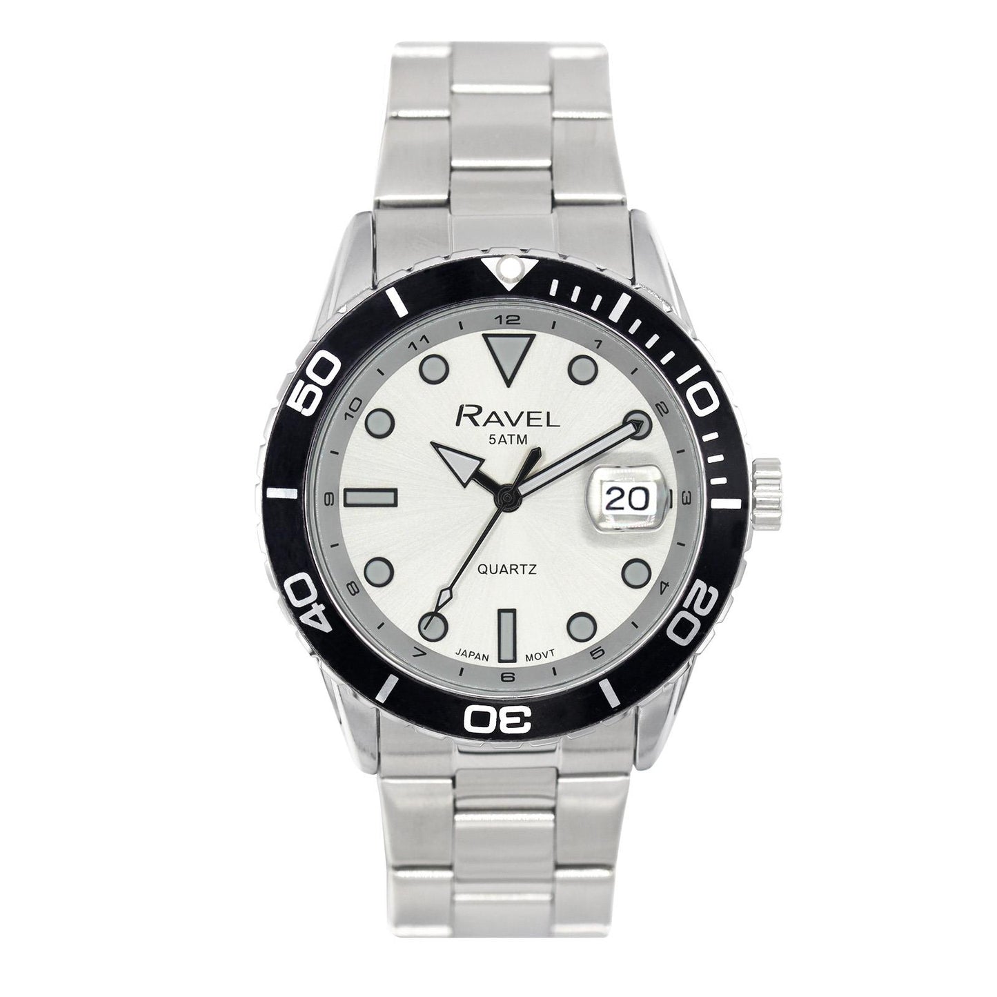 Ravel Mens Fashion Sports 42mm Round 5ATM Dated Dial Uni-Directional Bezel Silver Plated Bracelet Watch RPD-MB Available Multi Colors