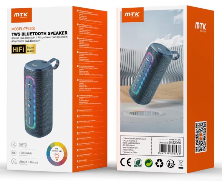 M.TK Bluetooth Speaker 5.3 HiFi TWS	5W*2 FM / USB / TF / A uxled Battery 1200MAH – Blue TF4206 Woox