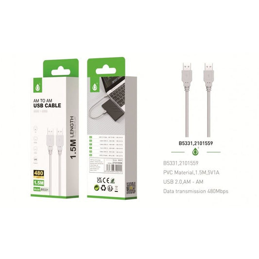 USB Male to USB Male Cable 2.0 AM to AM, 1.5M, Grey