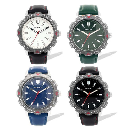 Henley Mens Chiselled Top Ring Faux Leather Watch - Green/Blue/Black/Black