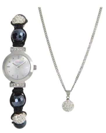 Sekonda Ladies Bling Black & Diamante bangle Watch & Necklace Gift Set