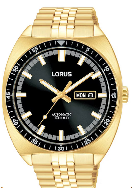 Lorus Mens automatic 10bar 43mm Black Dial Gold Tone Stainless Steel Bracelet Watch