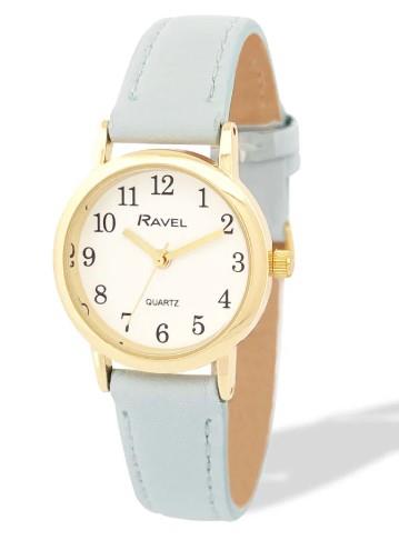 Ravel Ladies Basic Small Gilt Case White Dial Leather Strap Watch Available Multiple Colour