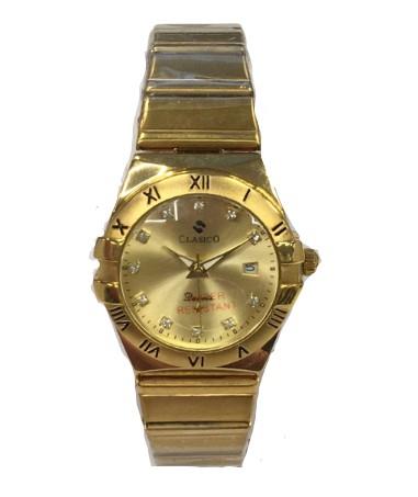 Clasico Ladies Water Resistant Dated Round Bling Gold Dial Gold tone Metal Strap Bracelet Watch - CLEARANCE NEEDS RE-BATTERY