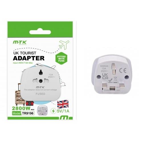 UK Visitors Adapter, World to UK, 13A, with Fuse, White