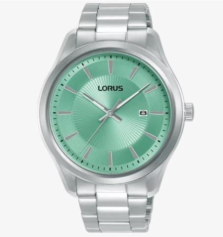 Lorus Mens  Basic Fashion Date Mint Green Sunray Dial Silver Plated Stainless Steel Bracelet Watch RH931RX9