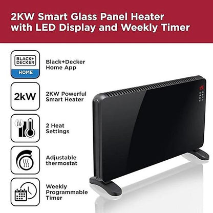 BLACK+DECKER 2000W Smart Glass Panel Heater with Digital Adjustable Thermostat, Black - BXCV41011GB