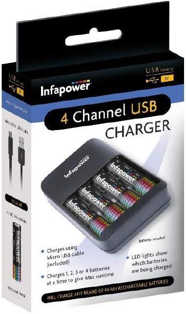 Infapower 4 Channel USB Home Battery Charger + 4 x AA 1300mAh Batteries