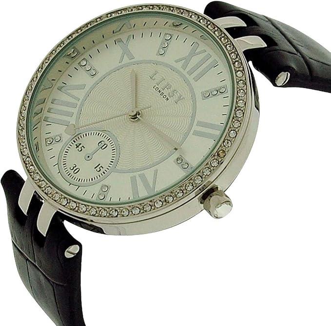 Lipsy London Ladies Bling Bezel Silver Tone Dial Black Leather Strap Watch LP293 - CLEARANCE NEEDS RE-BATTERY