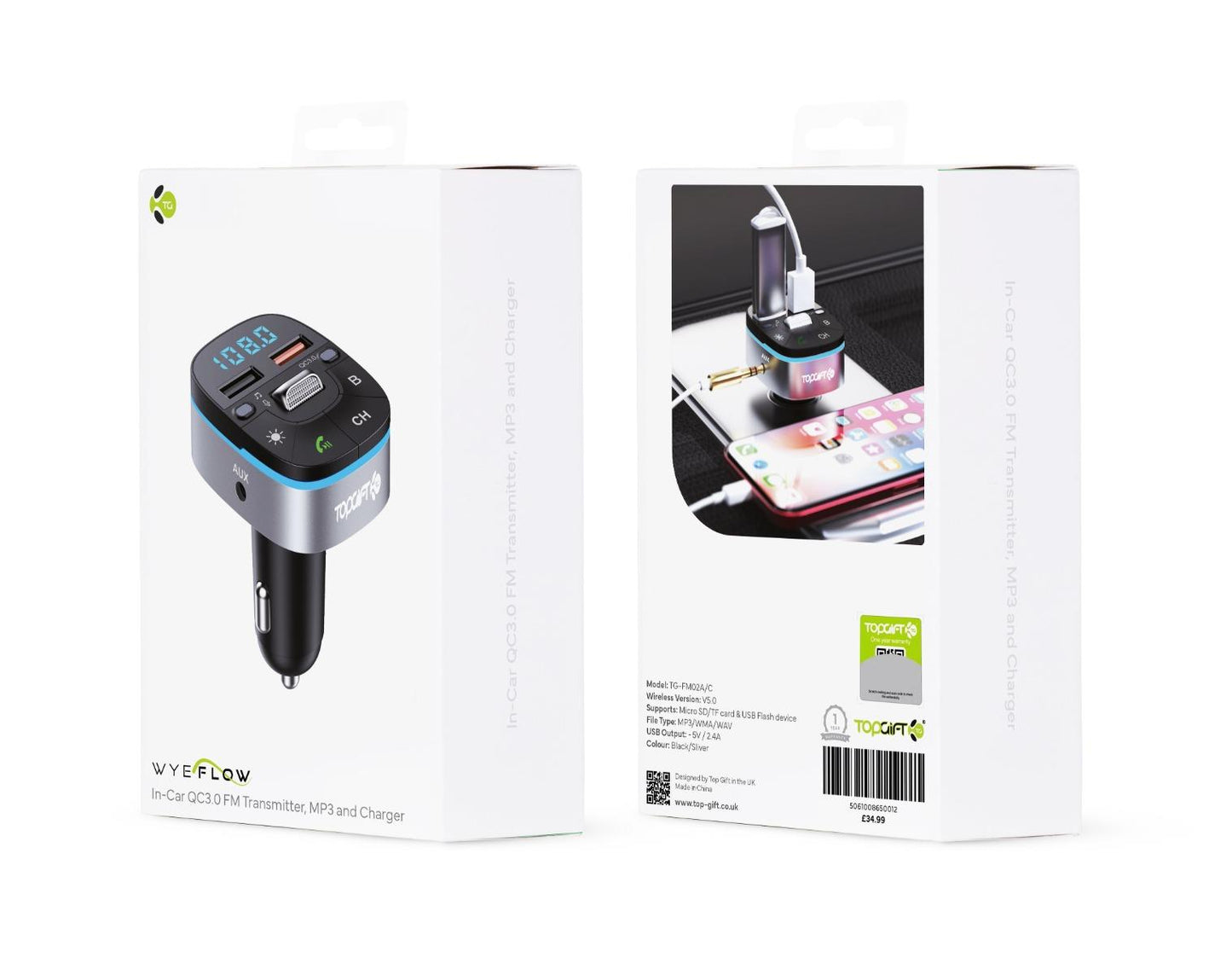 WYEFLOW In-Car Edge FM/Bluetooth MP3 & Fast Charger