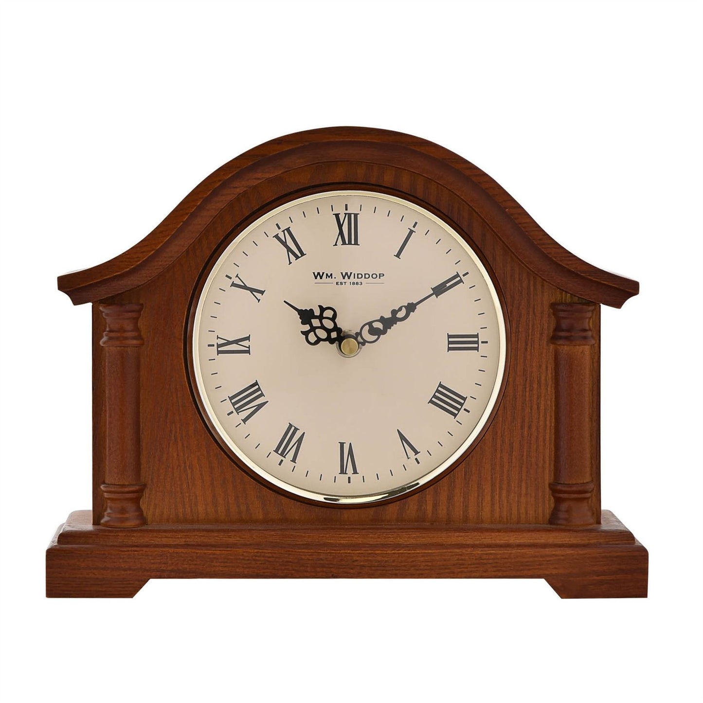 Wm.Widdop Broken Arch Mantel Clock Silver Bezel Walnut