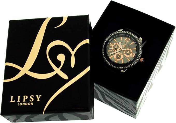 Lipsy London Ladies Bling Bezel Chrono Effect Dial Black Leather Strap Watch LP284 - CLEARANCE NEEDS RE-BATTERY