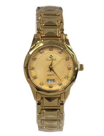 Clasico Ladies Water Resistant Dated Round Bling Gold Dial Gold tone Metal Strap Bracelet Watch - CLEARANCE NEEDS RE-BATTERY