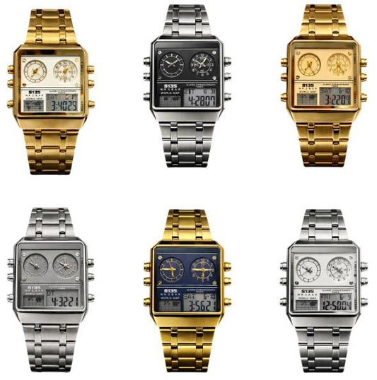 S135 Mens Chronograph Fashion Ana Digital Square Big Dated Dial Stainless Steel Bracelet Watch NY London Available Multiple Colour